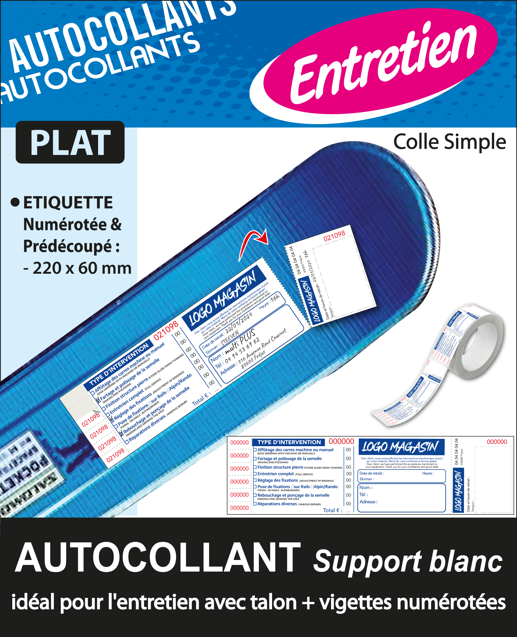 AUTOCOLLANT PLAT ETIQUETTE NUMEROTEE ET PREDECOUPE 220 x 60mm
